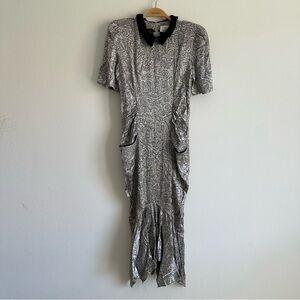 Vintage 80s Dress Sterling Silver Grey Black Mermaid Cut Abstract Velvet Gray